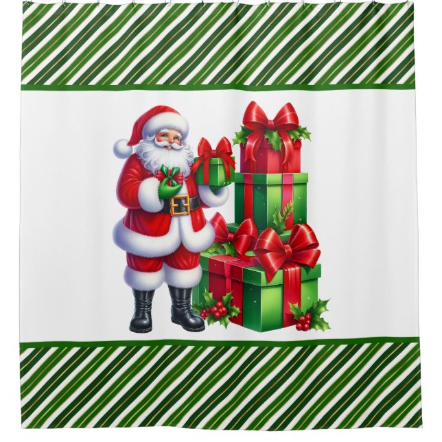 Green Christmas Stripes With Santa  Shower Curtain (Front)