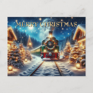 Green Christmas Train in Snowy Village Holiday Postcard