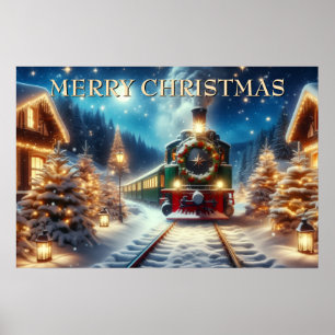Green Christmas Train in Snowy Village Poster