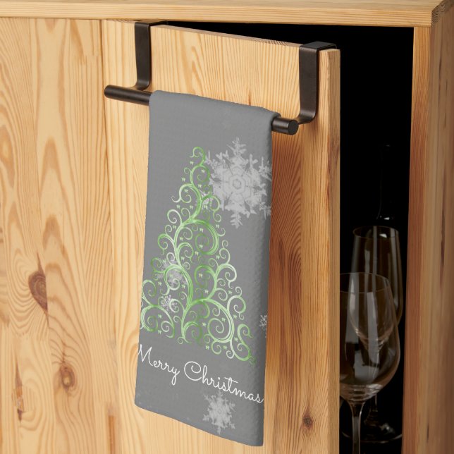 Green Christmas Tree and Snowflakes Kitchen Towel (Thirds Fold)