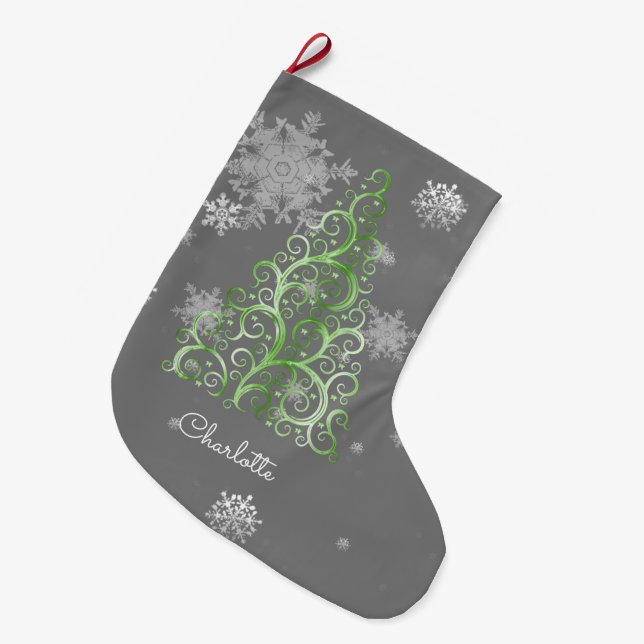 Green Christmas Tree and Snowflakes Stocking (Front (Hanging))