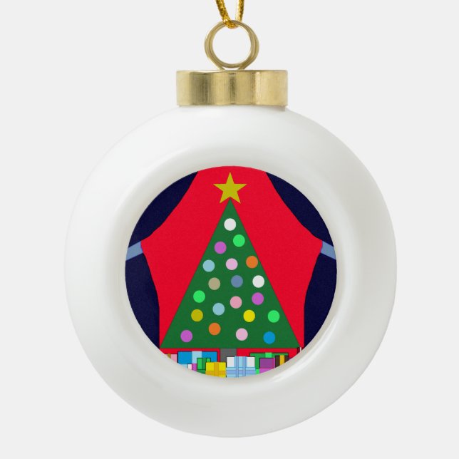 Green Christmas Tree & Blue Drapes: Ceramic Ball Christmas Ornament (Front)