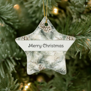 Green Christmas Tree Branches Pine Cones Ceramic Ornament