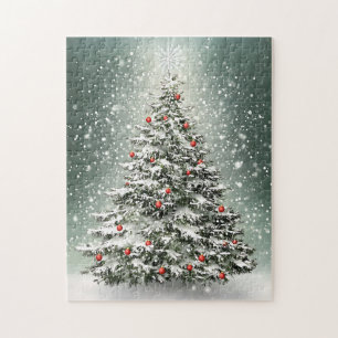 Green Christmas Tree Colourful Ornaments White Sno Jigsaw Puzzle