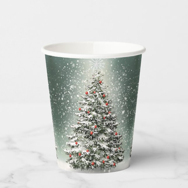 Green Christmas Tree Colourful Ornaments White Sno Paper Cups (Left)