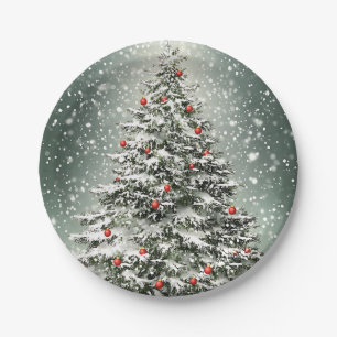 Green Christmas Tree Colourful Ornaments White Sno Paper Plate