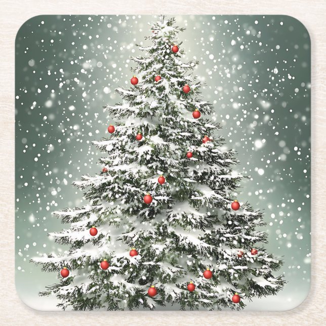 Green Christmas Tree Colourful Ornaments White Sno Square Paper Coaster (Front)
