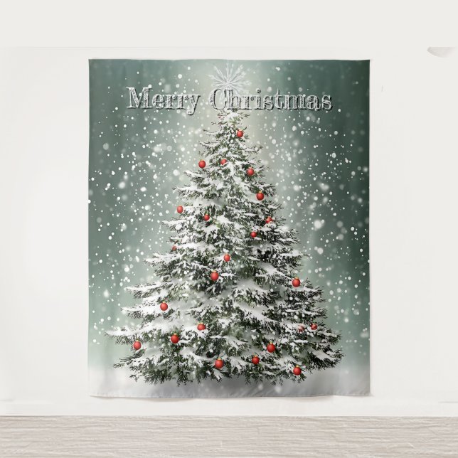 Green Christmas Tree Colourful Ornaments White Sno Tapestry (Front)