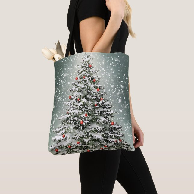 Green Christmas Tree Colourful Ornaments White Sno Tote Bag (Close Up)