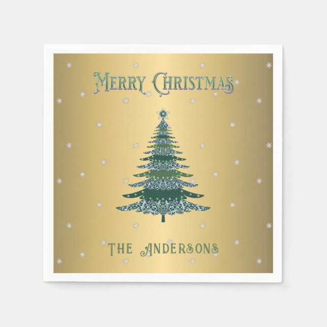 Green Christmas Tree Custom Name Gold Foil Napkin (Front)