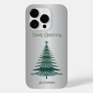 Green Christmas Tree Custom Name Silver Foil Case-Mate iPhone 14 Pro Case