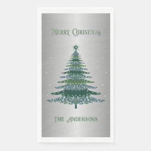 Green Christmas Tree Custom Name Silver Foil Napkin