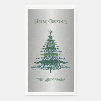 Green Christmas Tree Custom Name Silver Foil Napkin