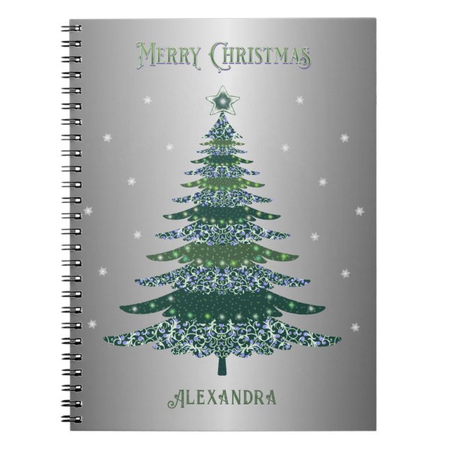 Green Christmas Tree Custom Name Silver Foil Notebook (Front)
