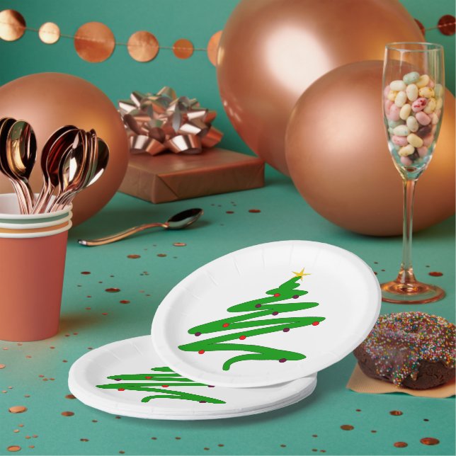 Green Christmas Tree Doodle Paper Plate (Multi)