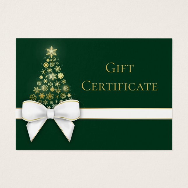 Green Christmas Tree Gold Snowflakes Bow Gift Card (Front)
