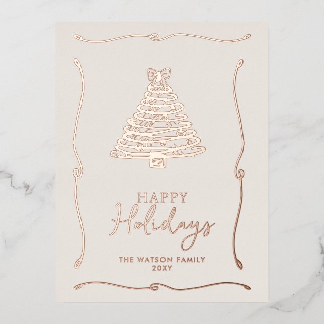 Green Christmas Tree Hand-Drawn Bow Ribbon  Foil Holiday Postcard (Front)