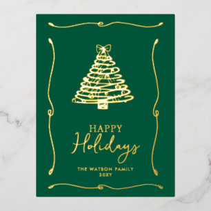 Green Christmas Tree Hand-Drawn Bow Ribbon Foil Holiday Postcard