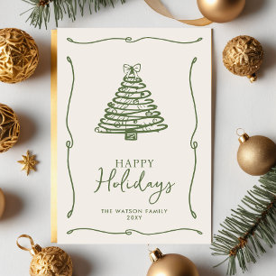 Green Christmas Tree Hand-Drawn Bow Ribbon Holiday Postcard