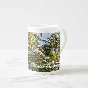Green Christmas Tree In Snow Bone China Mug