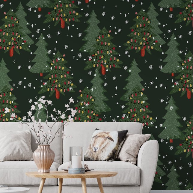 Green Christmas Tree Light Snow Ornament Pattern Wallpaper (Creator Uploaded)