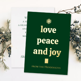Green Christmas Tree Minimalist Love Peace Joy Foil Holiday Card