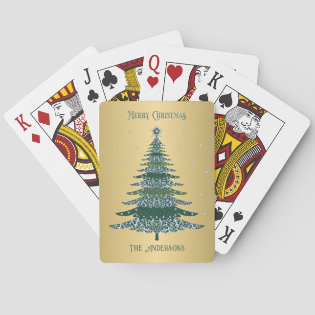 Green Christmas Tree Name Custom Gold Foil Playing Cards (Back)