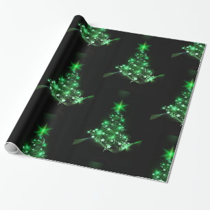 Green Christmas Tree on Black Wrapping Paper