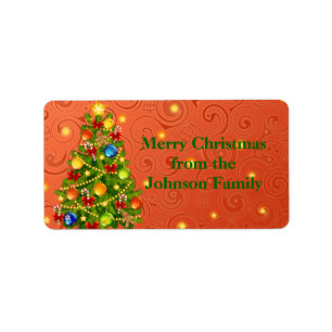 Green Christmas Tree on orange xmas pattern Label