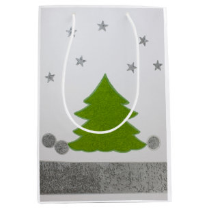 Green Christmas tree on snow  and stars Medium Gift Bag