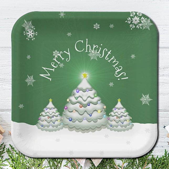 Green Christmas Tree Paper Plate (Green Snowy Christmas Tree Paper Plates)