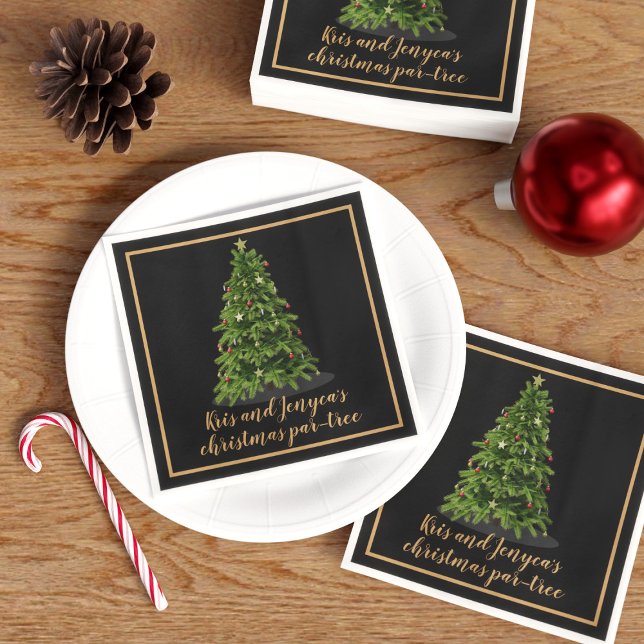 Green Christmas Tree Party Black Holiday Napkins (Add your par-tree details to these Christmas tree paper napkins)