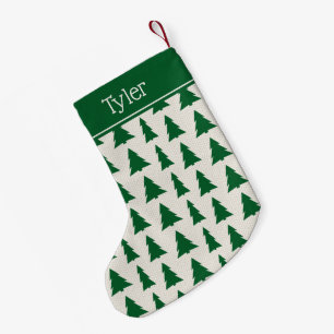 Green Christmas Tree Pattern on Beige Custom Name Small Christmas Stocking