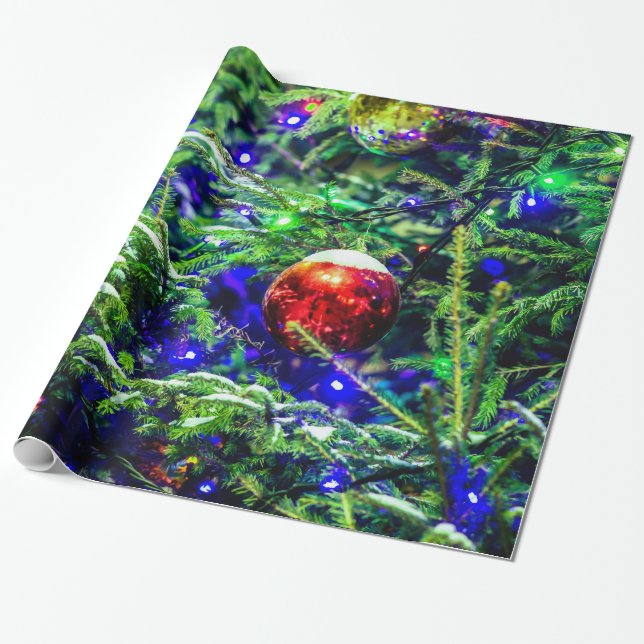 Green Christmas Tree Red Ball Wrapping Paper (Unrolled)