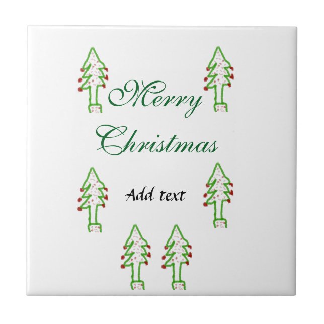 Green Christmas tree red cherry merry Christmas mo Ceramic Tile (Front)
