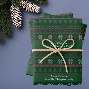 Green Christmas Tree Snowflakes Pattern Custom Wrapping Paper Sheet