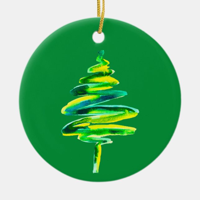 Green Christmas Tree watercolor Ceramic Ornament (Front)
