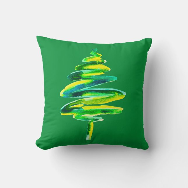 Green Christmas Tree watercolor Cushion (Front)