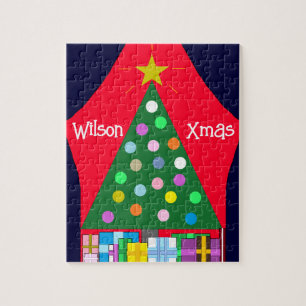 Green Christmas Tree with Blue Curtains: Jigsaw Puzzle