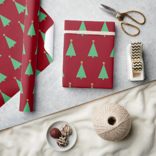 Green Christmas Tree with Star Dark Red Wrapping Paper