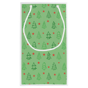 GREEN CHRISTMAS TREES AND RED STAR DESIGN SMALL GIFT BAG
