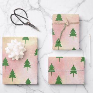 Green Christmas Trees Colorful Sky Background Wrapping Paper Sheet