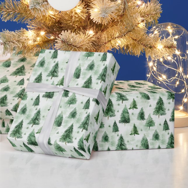 Green Christmas Trees On Pale Green  Wrapping Paper (Holidays)
