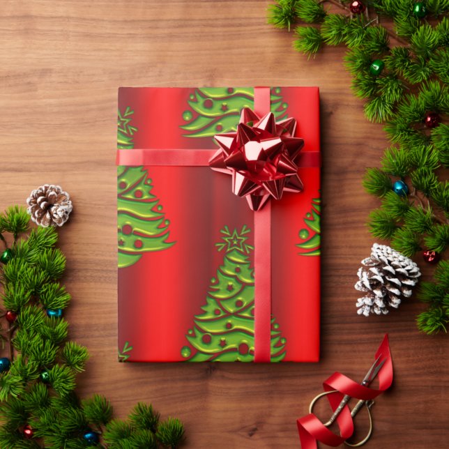 Green Christmas Trees on Red Wrapping Paper (Creator Uploaded)