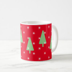 Green Christmas Trees White Snowflakes Red Coffee Mug