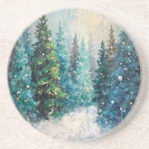 Green Christmas Trees Winter Forest Coaster