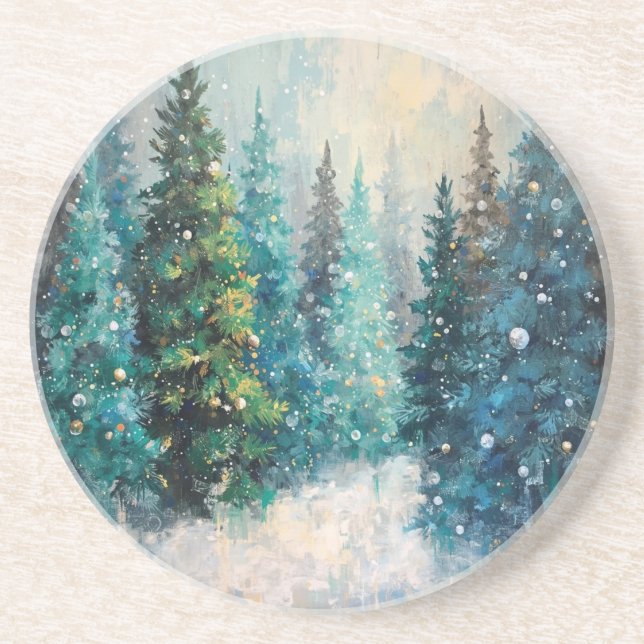 Green Christmas Trees Winter Forest Coaster (Front)