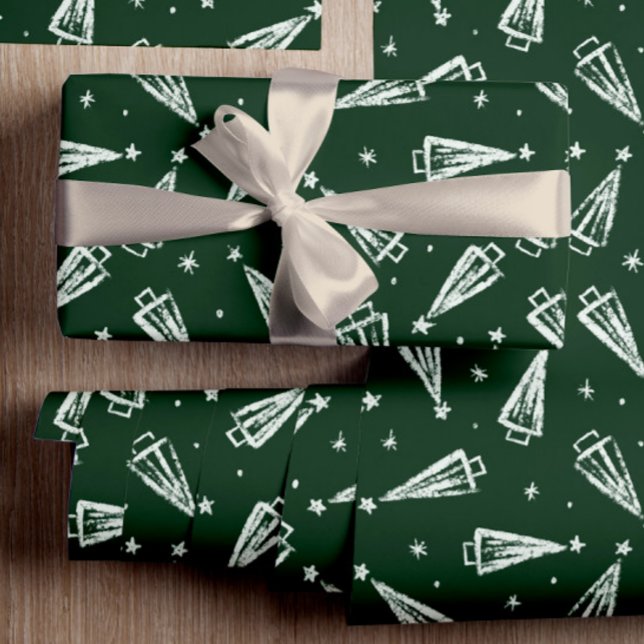Green Christmas Trees  Wrapping Paper (Unique Christmas wrapping paper in green with white trees. Simple yet beautiful Christmas pattern.)