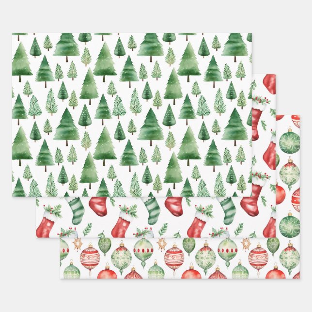 Green Christmas Trees Wrapping Paper Sheet (Set)