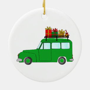 Green Christmas truck with gifts Ceramic Ornament